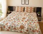 White floral Jaipur block printed cotton king size bed sheet set styled on bed 90x108 inch