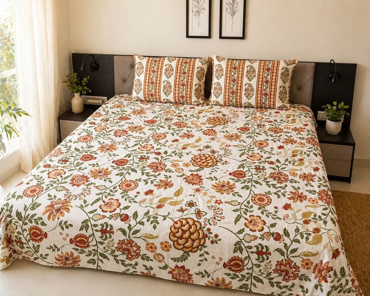 White floral Jaipur block printed cotton king size bed sheet set styled on bed 90x108 inch