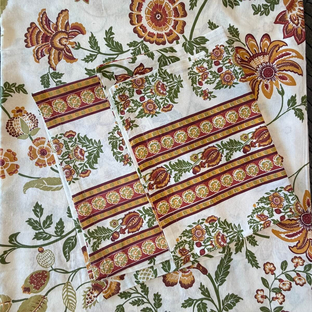 Hand block printed white floral cotton king size bed sheet folded 90x108 inch