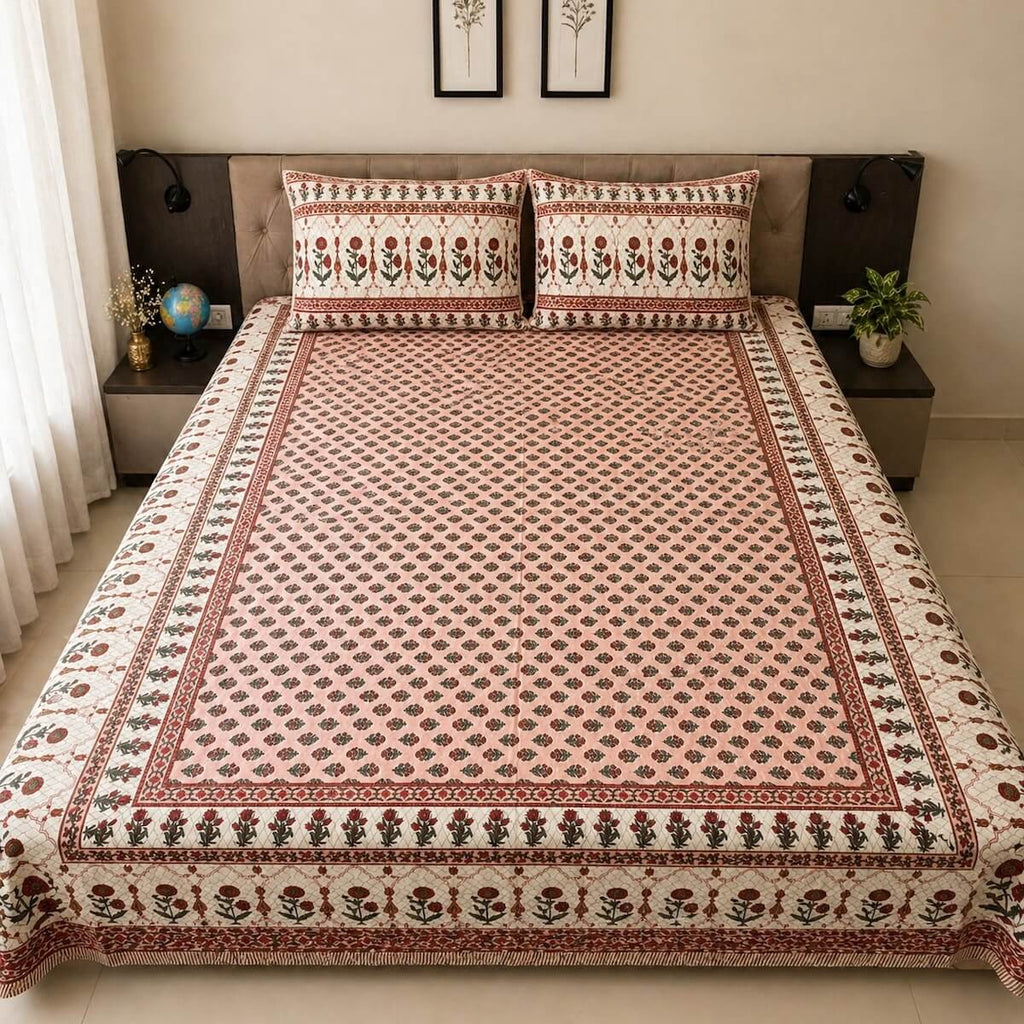 Peach white Jaipur boota floral block printed cotton king size bed sheet set styled on bed 90x108 inch