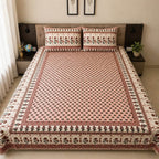 Peach white Jaipur boota floral block printed cotton king size bed sheet set styled on bed 90x108 inch