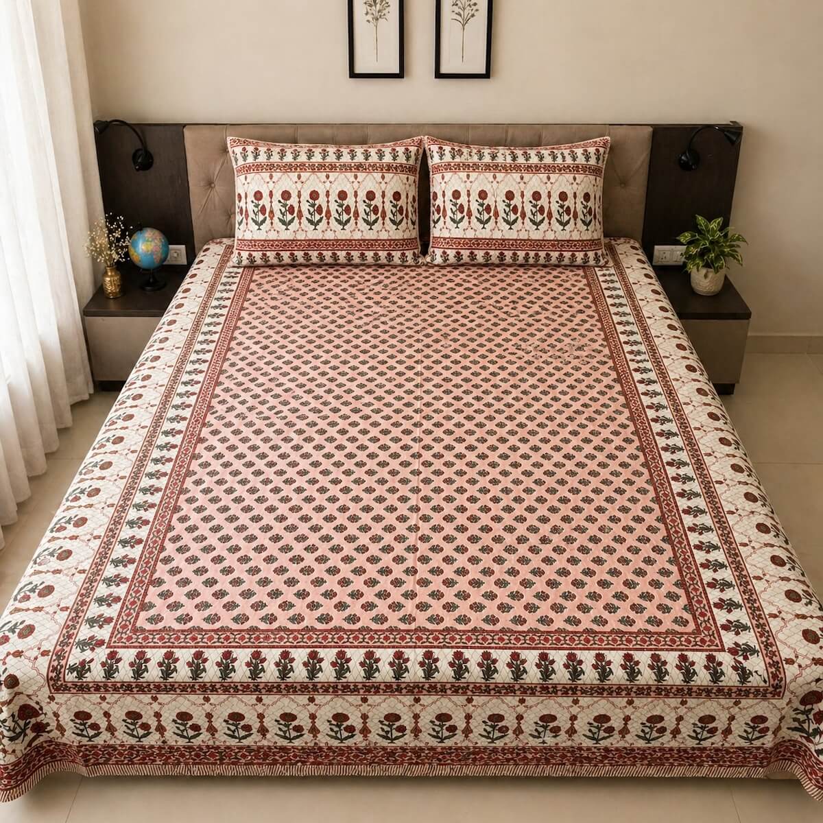 Peach white Jaipur boota floral block printed cotton king size bed sheet set styled on bed 90x108 inch