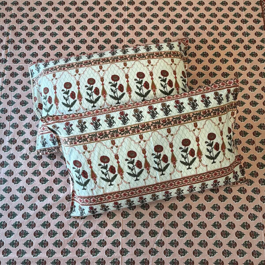 Peach white boota block print cotton pillow cover 17x27 inch matching king bed sheet set