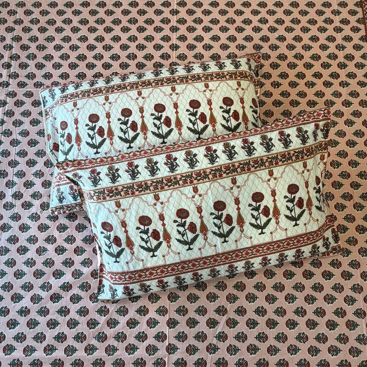 Peach white boota block print cotton pillow cover 17x27 inch matching king bed sheet set