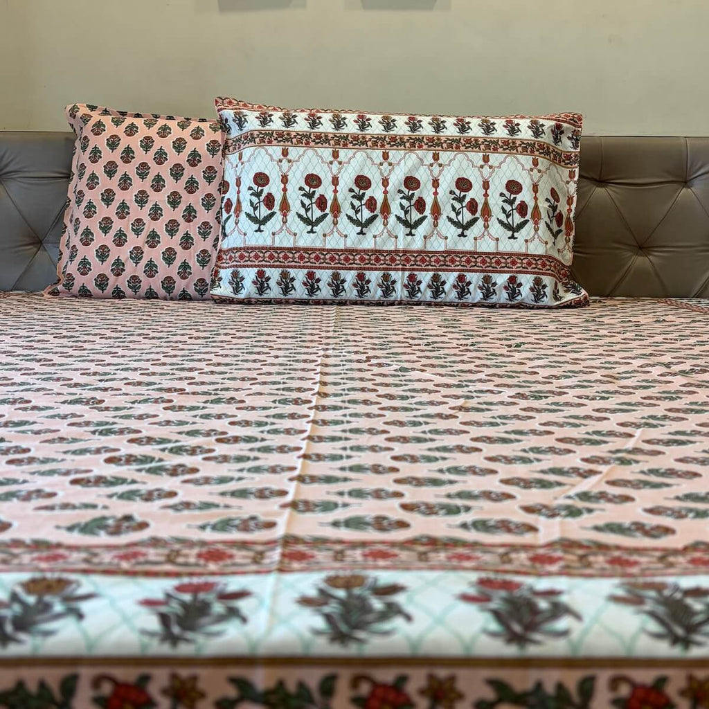 Peach white boota floral block print cotton king size bed sheet with pillow covers 90x108 inch