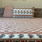 Peach white boota floral block print cotton king size bed sheet with pillow covers 90x108 inch