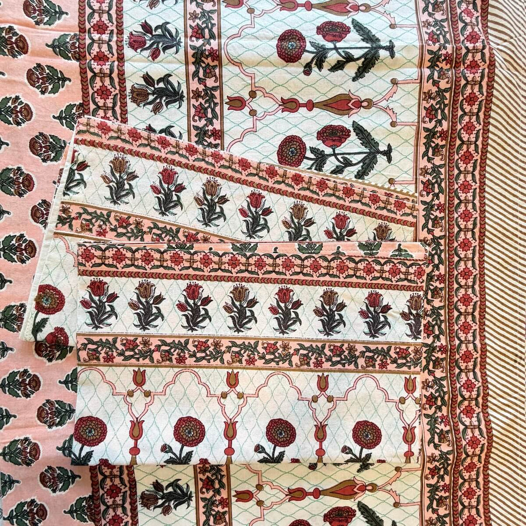 Hand block printed peach white boota floral cotton king size bed sheet folded 90x108 inch