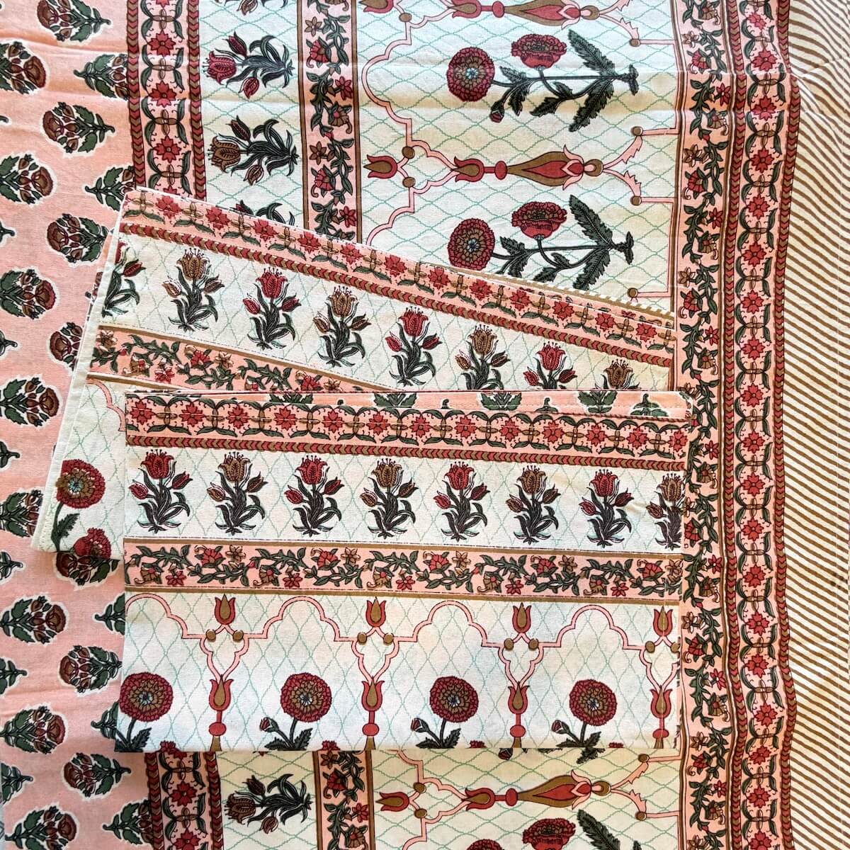 Hand block printed peach white boota floral cotton king size bed sheet folded 90x108 inch