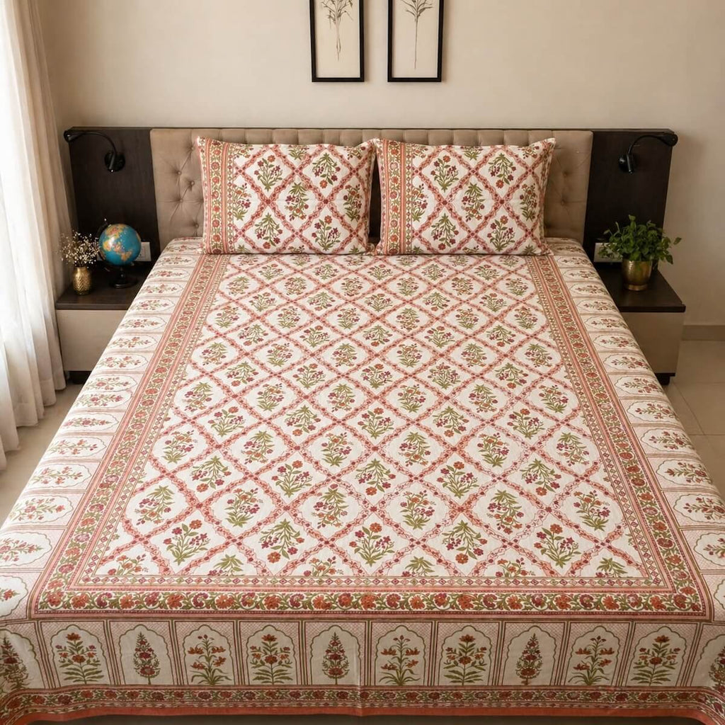 Coral white Jaipur jaal floral block printed cotton king size bed sheet set styled on bed 90x108 inch