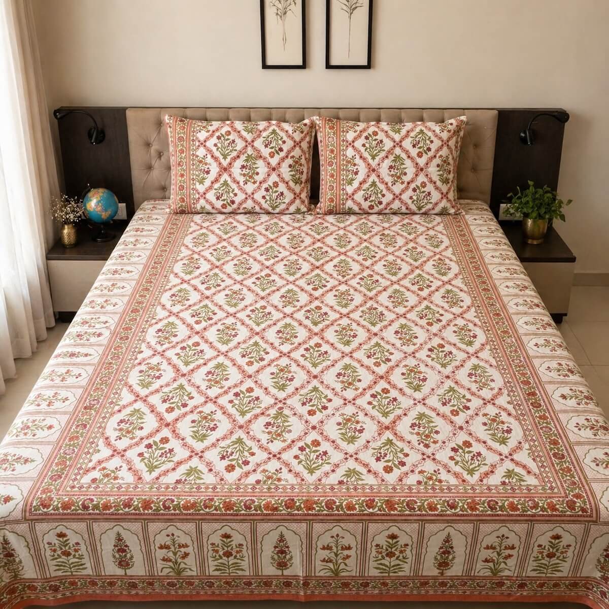 Coral white Jaipur jaal floral block printed cotton king size bed sheet set styled on bed 90x108 inch