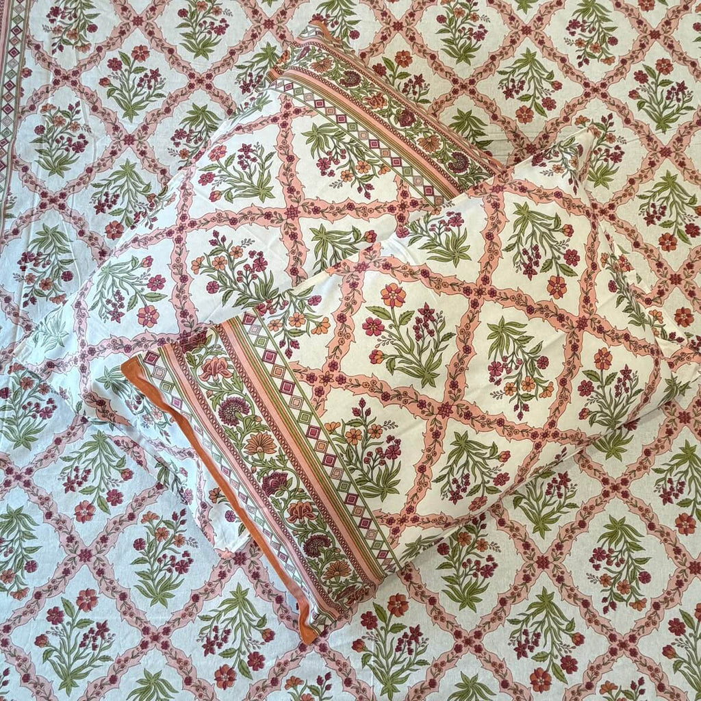 Coral white jaal block print cotton pillow cover 17x27 inch matching king bed sheet set