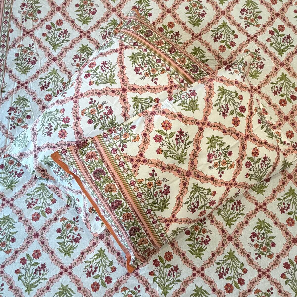 Coral white jaal block print cotton pillow cover 17x27 inch matching king bed sheet set