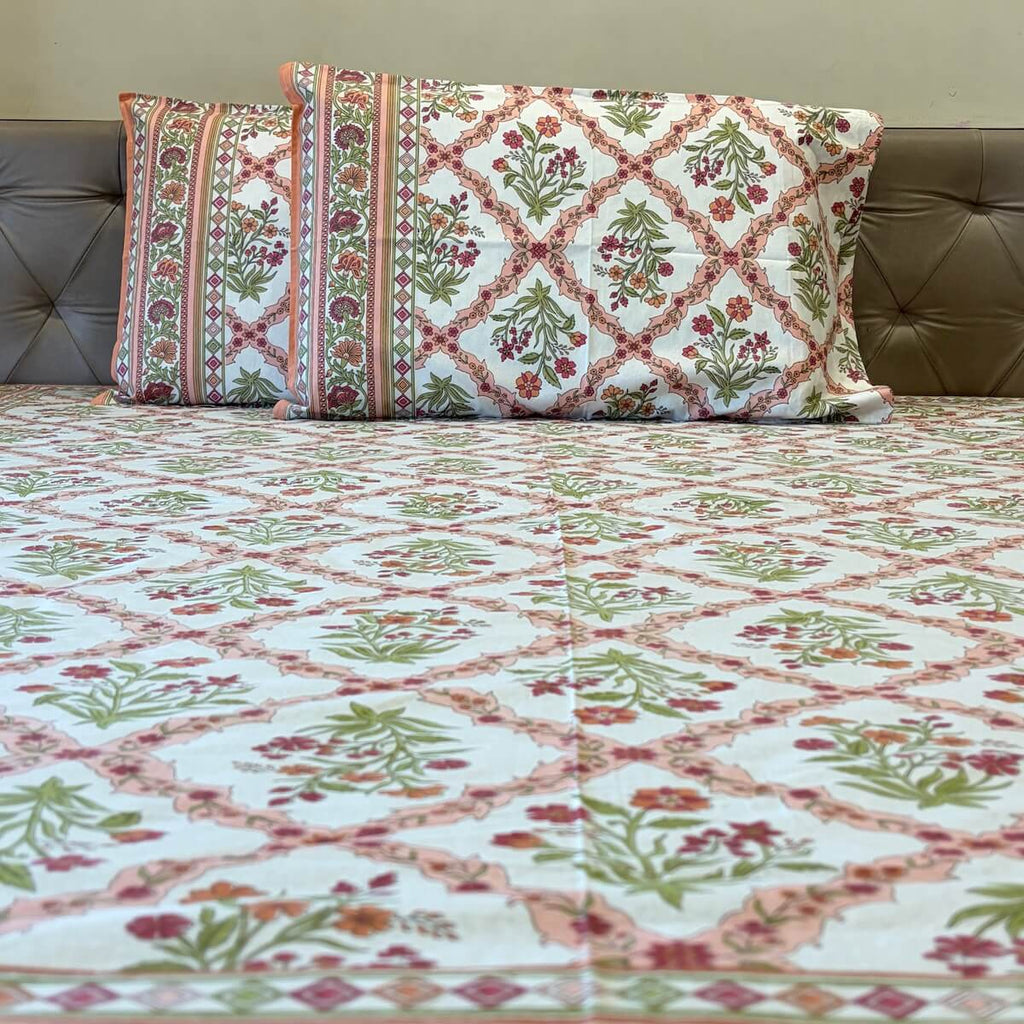 Coral white jaal floral block print cotton king size bed sheet with pillow covers 90x108 inch