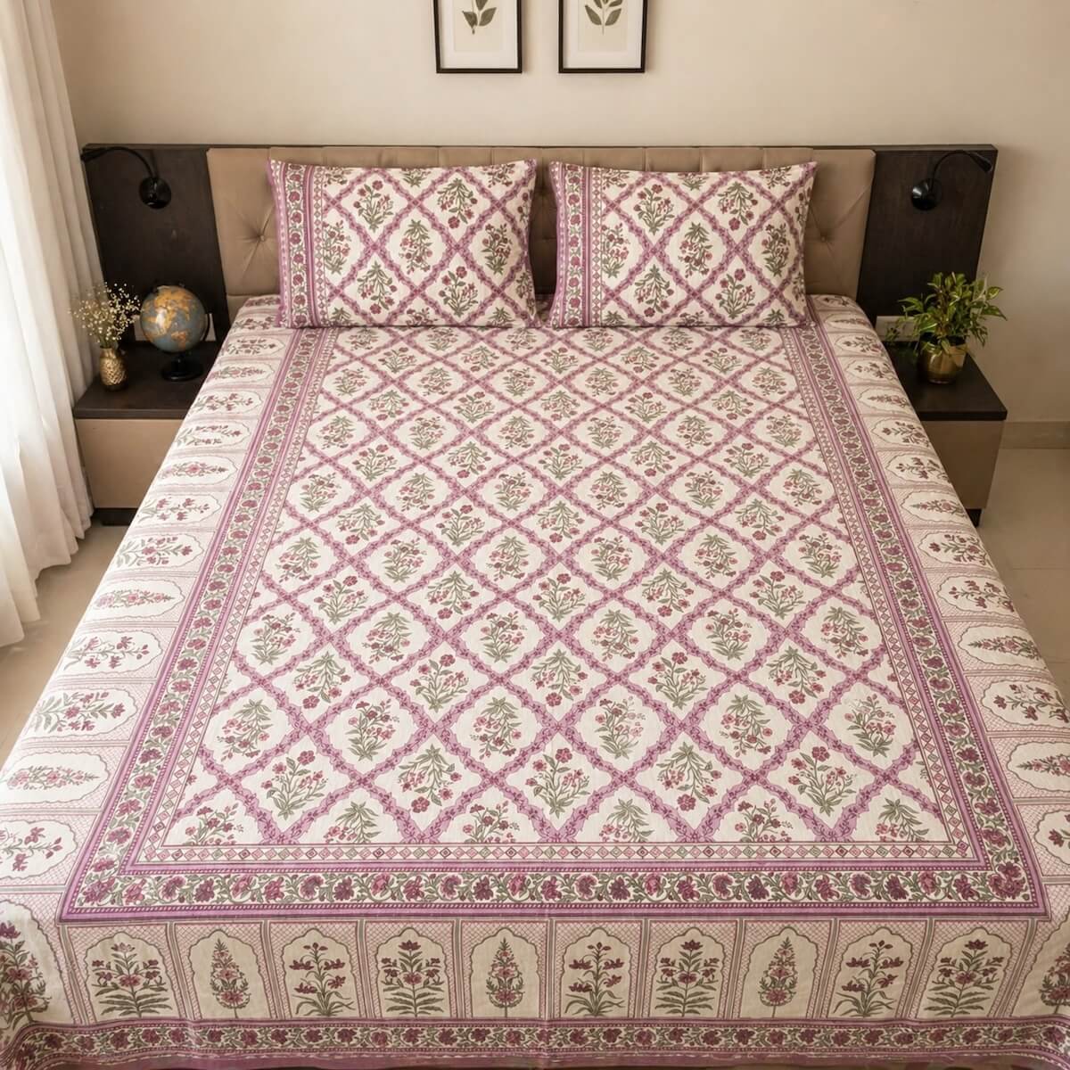 Purple white Jaipur jaal floral block printed cotton king size bed sheet set styled on bed 90x108 inch