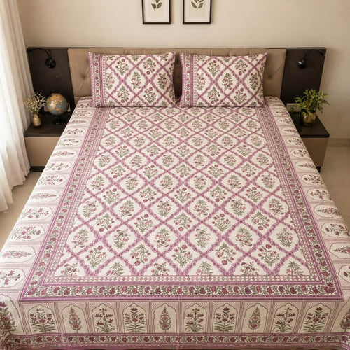 Purple white Jaipur jaal floral block printed cotton king size bed sheet set styled on bed 90x108 inch