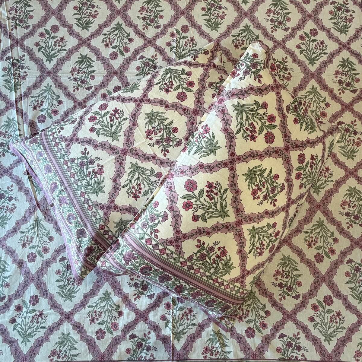 Purple white jaal block print cotton pillow cover 17x27 inch matching king bed sheet set