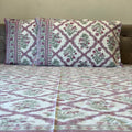 Purple white jaal floral block print cotton king size bed sheet with pillow covers 90x108 inch