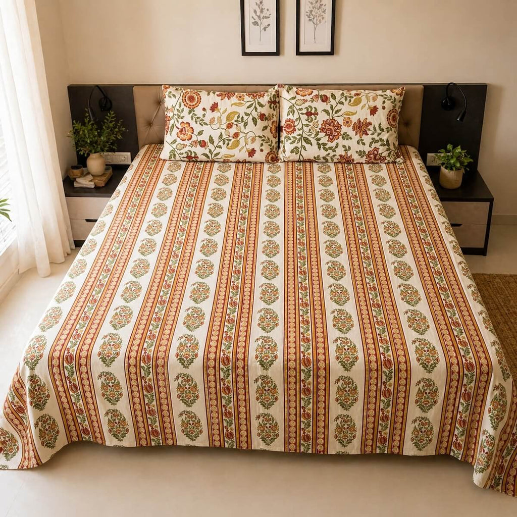White stripe boota Jaipur block printed cotton king size bed sheet set styled on bed 90x108 inch