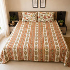 White stripe boota Jaipur block printed cotton king size bed sheet set styled on bed 90x108 inch