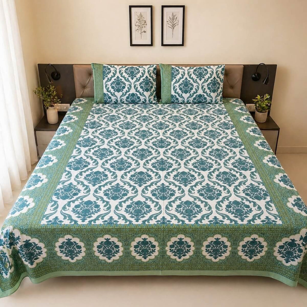 Sea green Jaipur damask block printed cotton king size bed sheet set styled on bed 90x108 inch