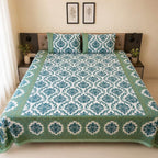 Sea green Jaipur damask block printed cotton king size bed sheet set styled on bed 90x108 inch