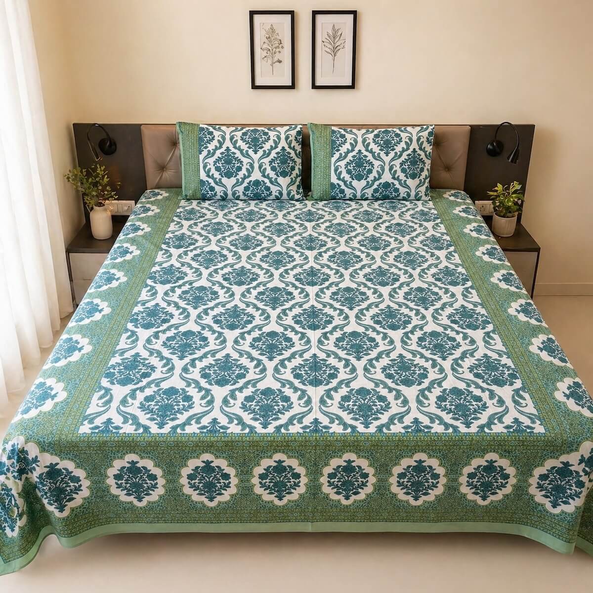 Sea green Jaipur damask block printed cotton king size bed sheet set styled on bed 90x108 inch