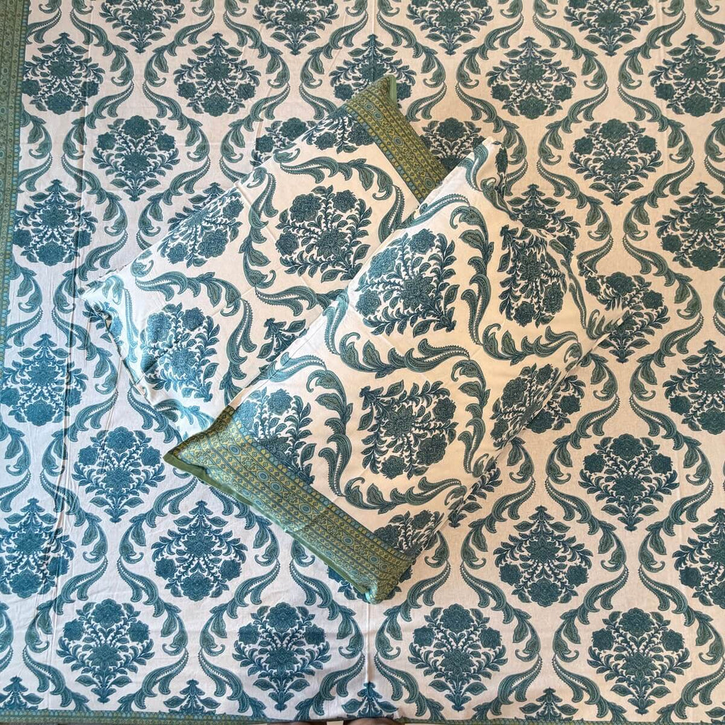 Sea green damask block print cotton pillow cover 17x27 inch matching king bed sheet set