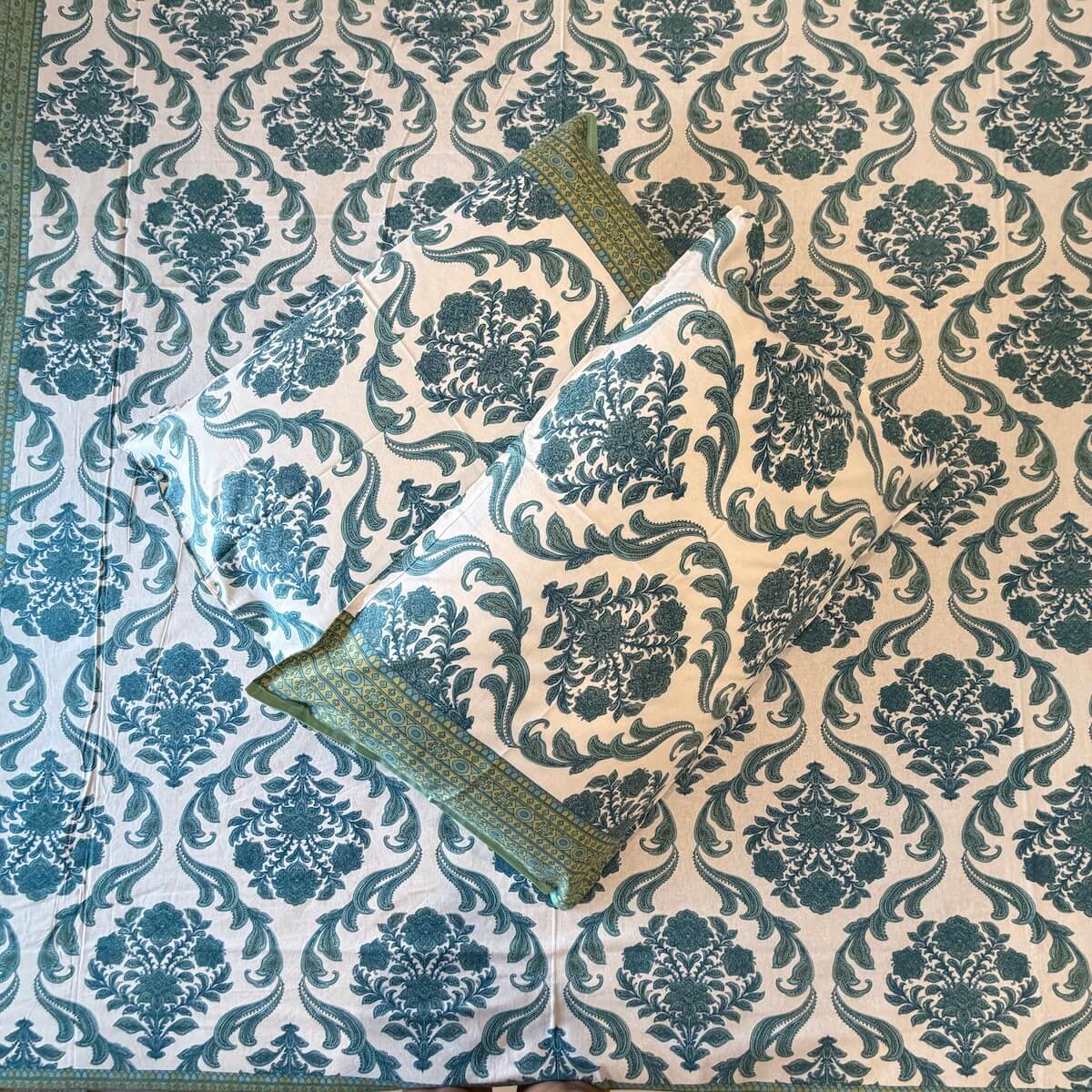 Sea green damask block print cotton pillow cover 17x27 inch matching king bed sheet set