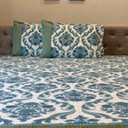 Sea green damask block print cotton king size bed sheet with pillow covers 90x108 inch