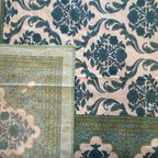 Close up of sea green Jaipur damask hand block print pattern on 100% cotton bed sheet