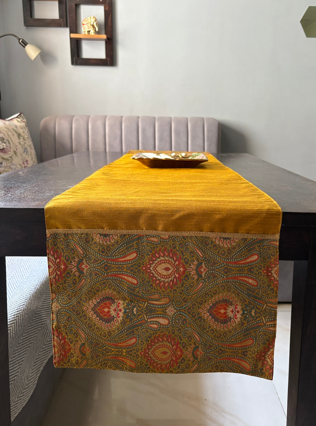Banarasi Baag Brocade Traditional Festive Mustard Green Table Runner 14"x60"