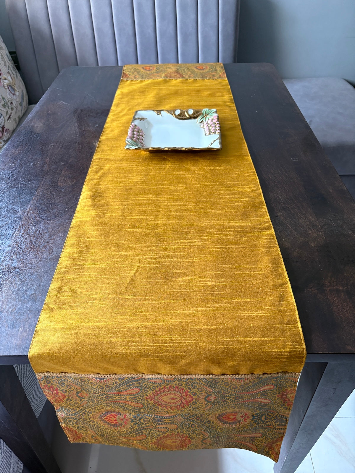 Banarasi Baag Brocade Traditional Festive Mustard Green Table Runner 14"x60"