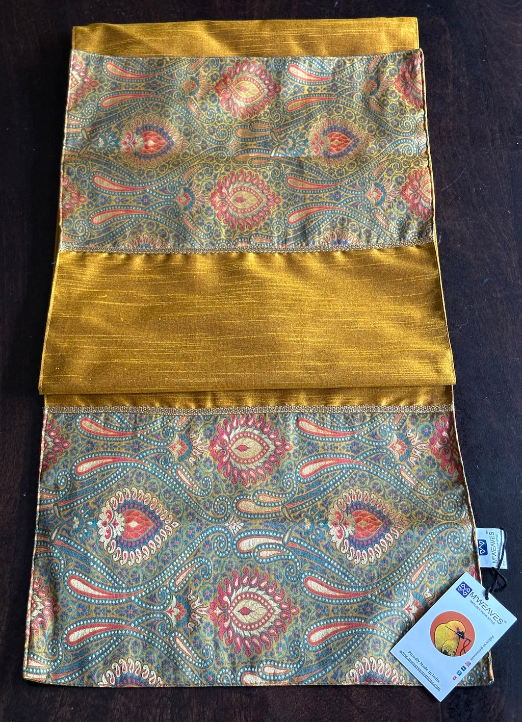 Banarasi Baag Brocade Traditional Festive Mustard Green Table Runner 14"x60"