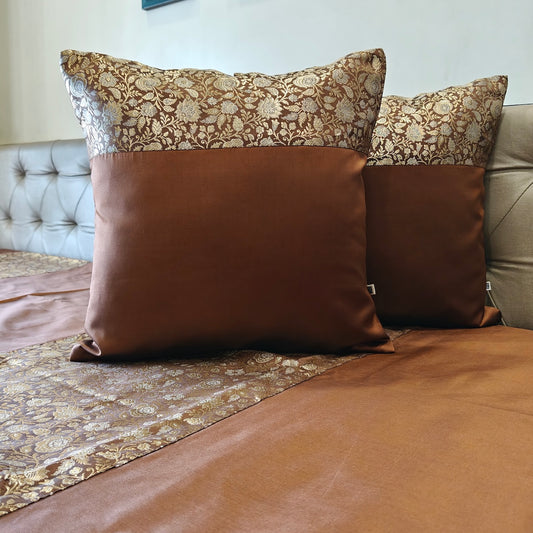 Luxe Coffee Brown Banarasi Brocade Bedcover & Cushion Cover Set