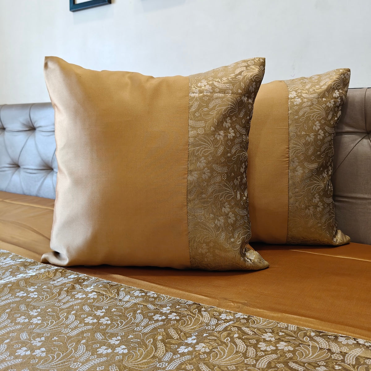 Luxe Marigold Banarasi Brocade Bedcover & Cushion Cover Set