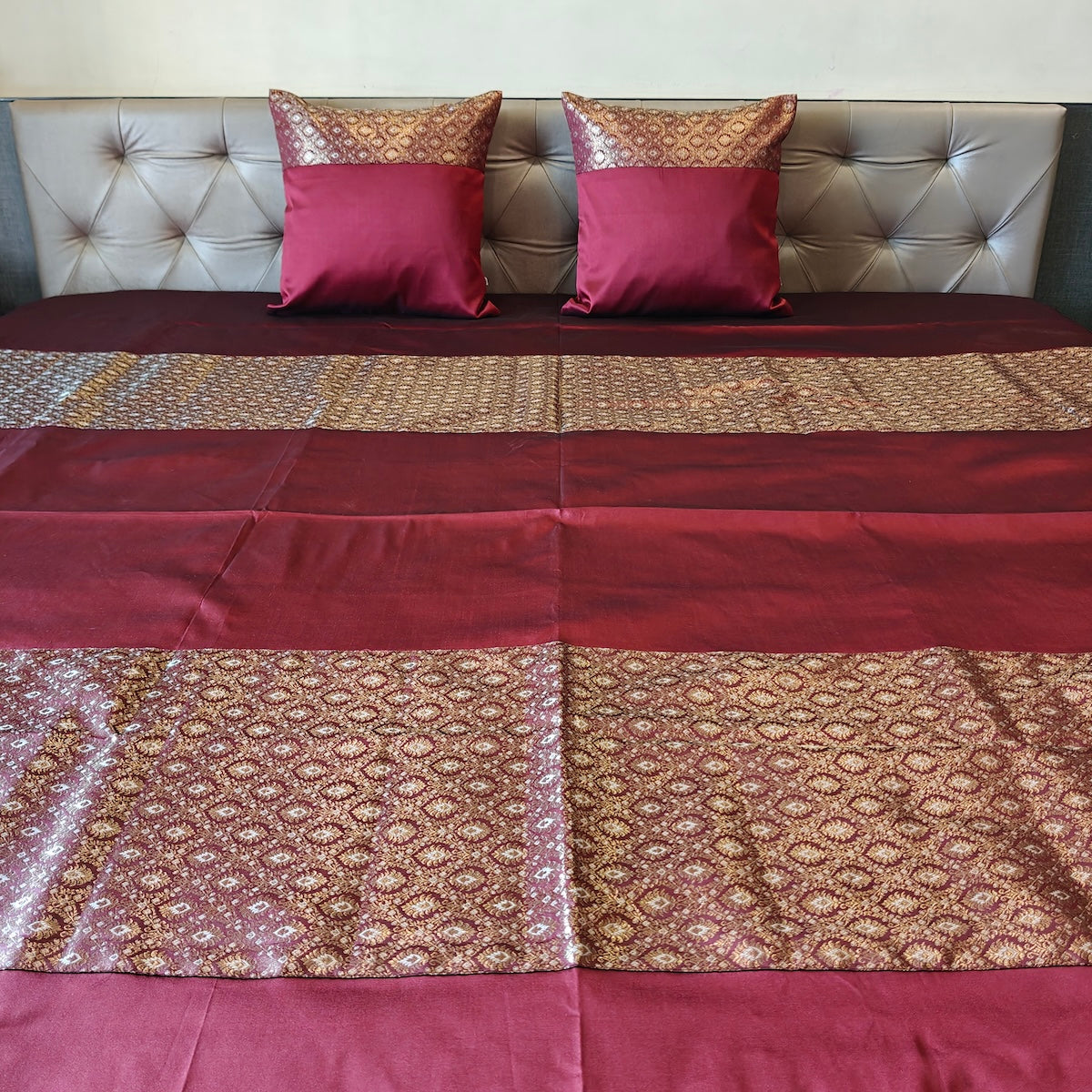 Luxe Maroon Banarasi Brocade Bedcover & Cushion Cover Set