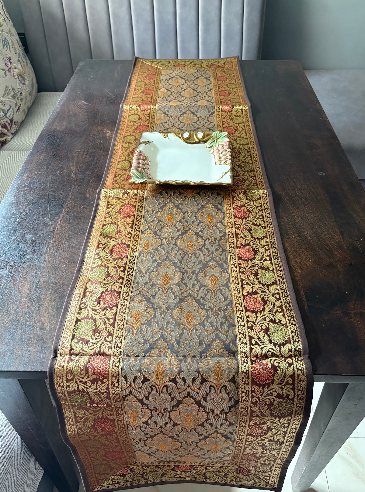 Heritage Banarasi Motif Traditional Festive Coffee Brown Table Runner 14"x60"
