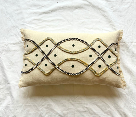 Hand Embroidery Interlace Design Cream Cotton Slub Lumbar Cushion Cover Size 12"x 20"