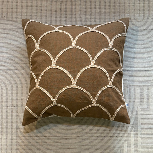 Handcrafted Minimal Arch Line  Brown Polycotton Embroidered Cushion Cover 16"x16"