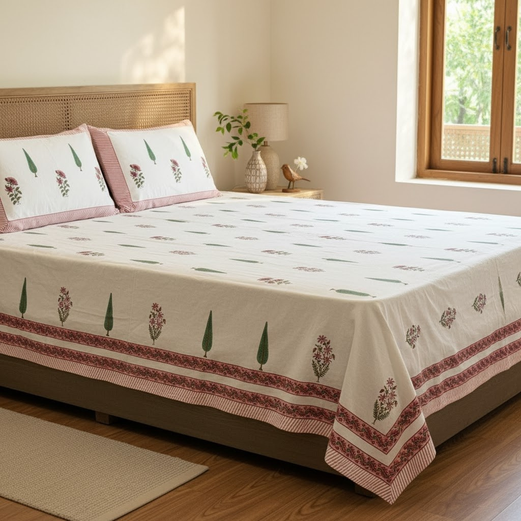 Hand Block Printed Vanira White Cotton Bedsheet King Size-90"x108"