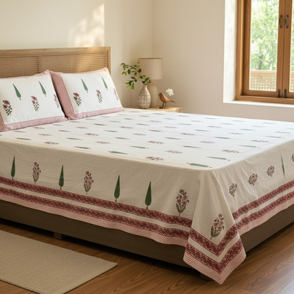 Hand Block Printed Vanira White Cotton Bedsheet King Size-90"x108"