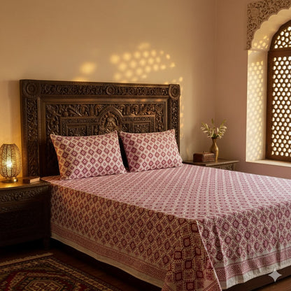 Hand Block Printed Prism Wine Cotton Bedsheet King Size-90"x108"