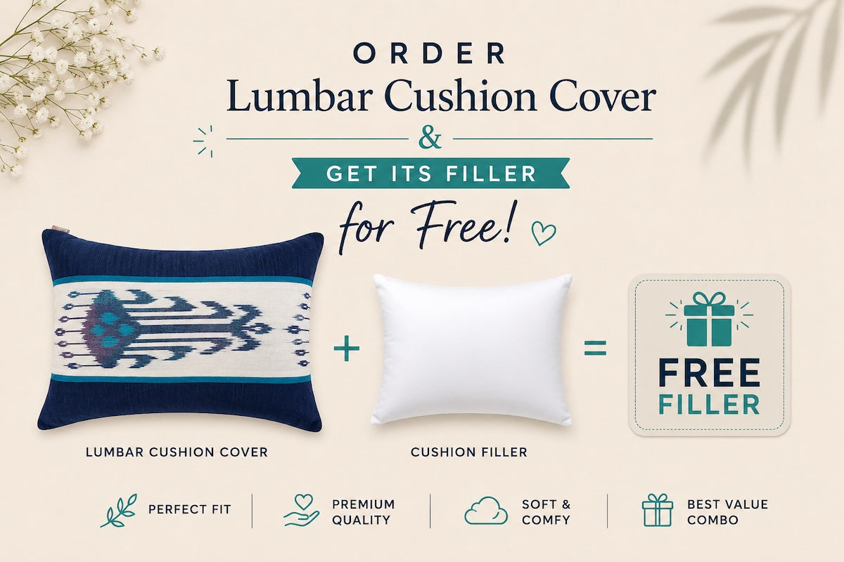 Heritage Ikat Blue Cotton Lumbar Cushion Cover with filler 12 x 18 inch