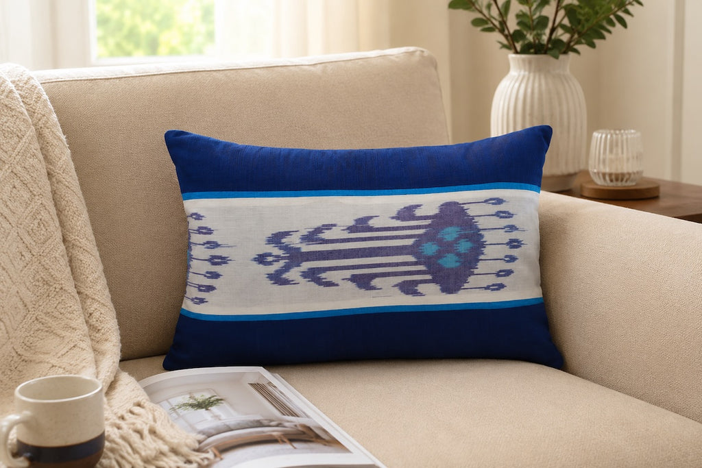 Heritage Ikat Blue Cotton Lumbar Cushion Cover with filler 12 x 18 inch