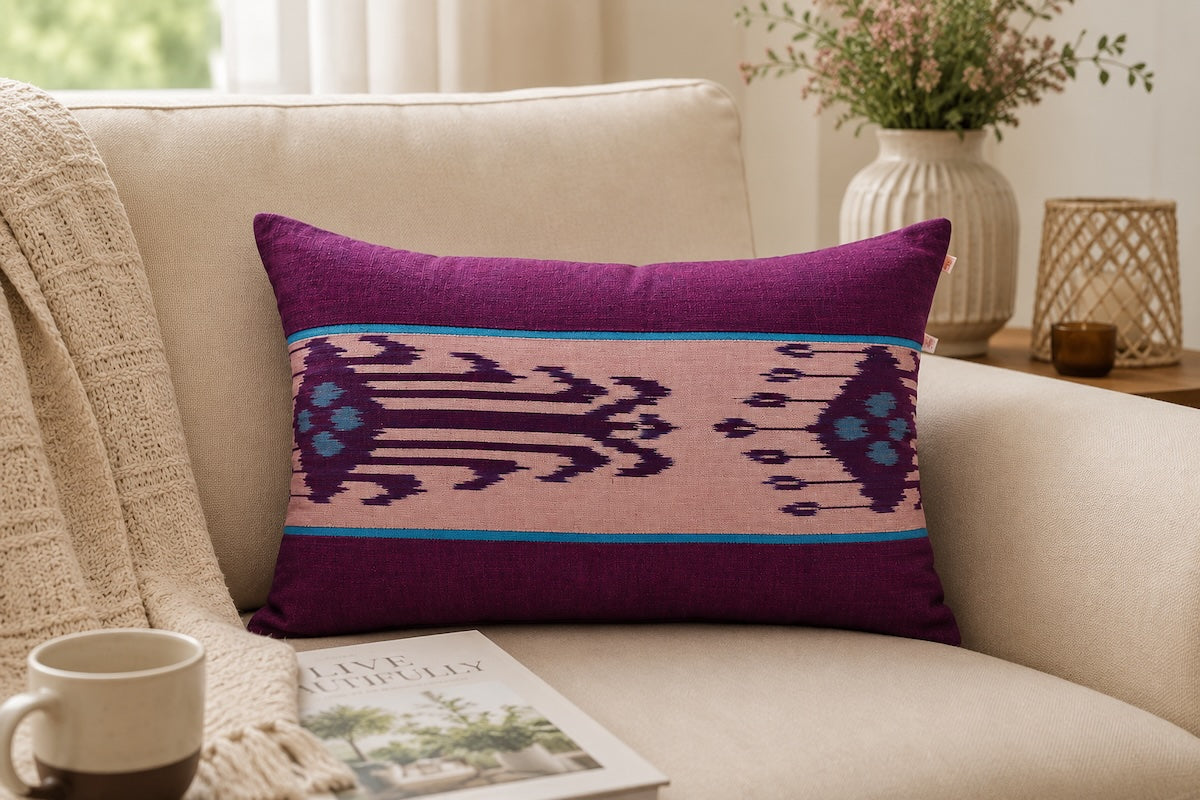 Heritage Ikat Blue Cotton Lumbar Cushion Cover with filler 12 x 18 inch
