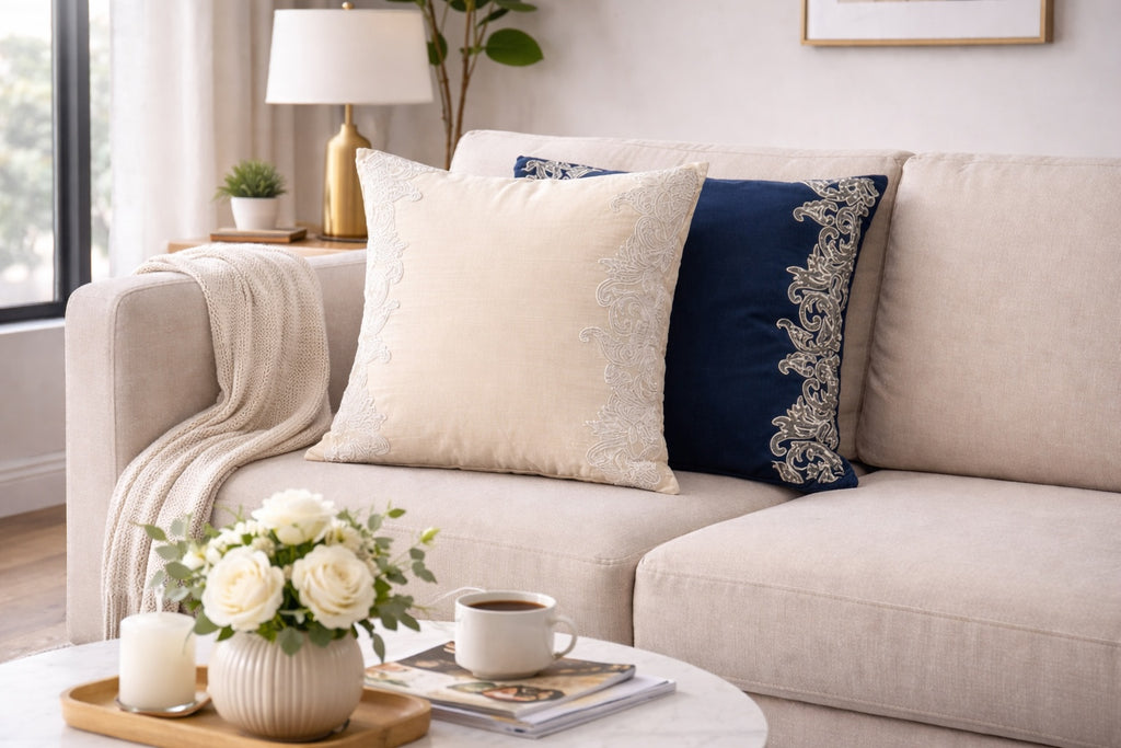 Hand Embroidered Zardosi & BeadsVelvet & Slub Silk Cushion Cover Navy Offwhite Set of 2 16 x16 inch