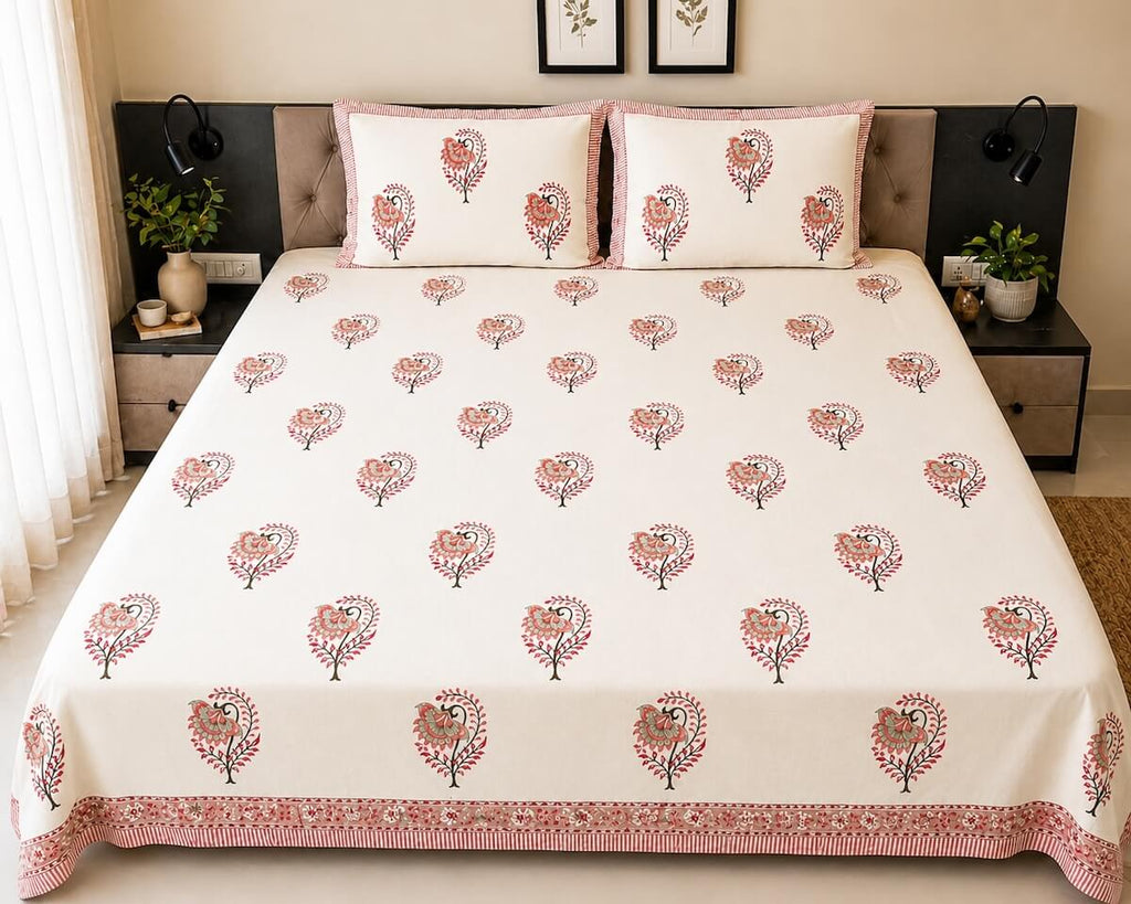 Cream pink Jaipur boota floral block printed cotton king size bed sheet set styled on bed 108x108 inch