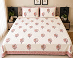 Cream pink Jaipur boota floral block printed cotton king size bed sheet set styled on bed 108x108 inch