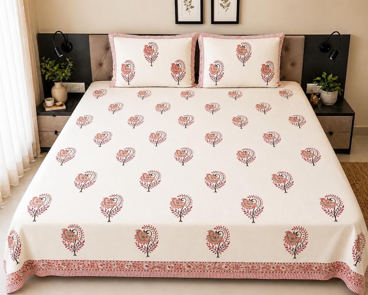 Cream pink Jaipur boota floral block printed cotton king size bed sheet set styled on bed 108x108 inch