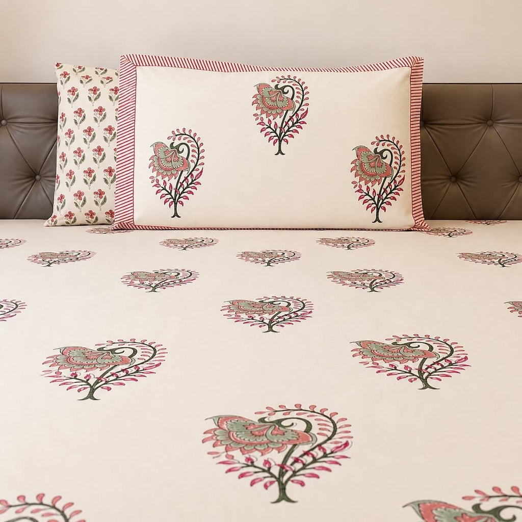 Cream pink boota floral block print cotton king size bed sheet with pillow covers 108x108 inch